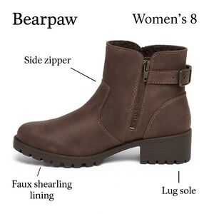 Bearpaw Brown Lug Sole Ankle Boots Women’s 8 | Faux Leather Fleece Lined